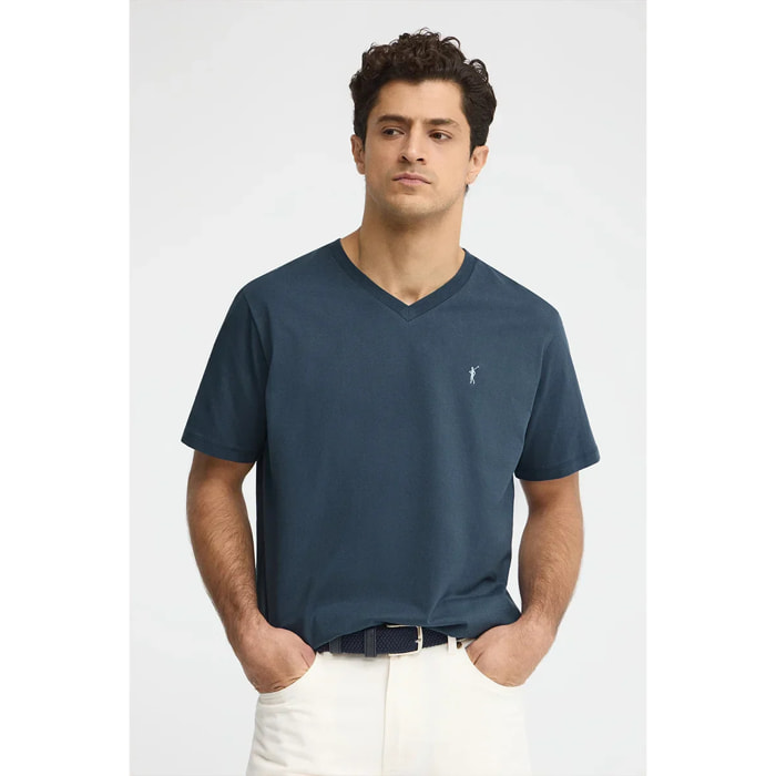 Maglietta blu denim a scollo a V e logo Rigby Go