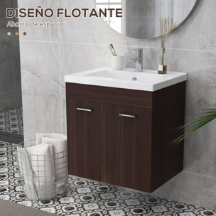 Mueble de Baño con Lavabo Cerámico Armario Bajo de Lavabo de Pared con 2 Puertas y Estante Ajustable Acabado Melamina 60x45,5x60 cm Marrón