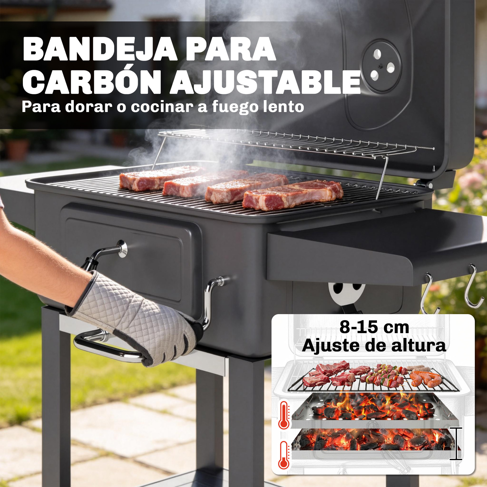 Barbacoa de Carbón Portátil, Barbacoa de Carbón Móvil con Bandeja y Ventilación Ajustable, Estantes Laterales, Termómetro, Tapa, Cajón de Cenizas, Ruedas, Puerta Frontal, Asa, Negro