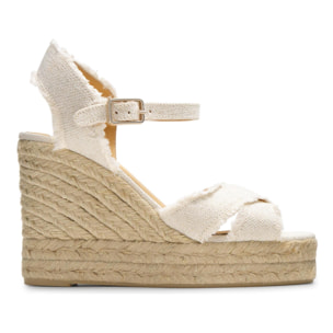 Sandalia de cuña Bromelia en lino metalizado con cierre de pulsera