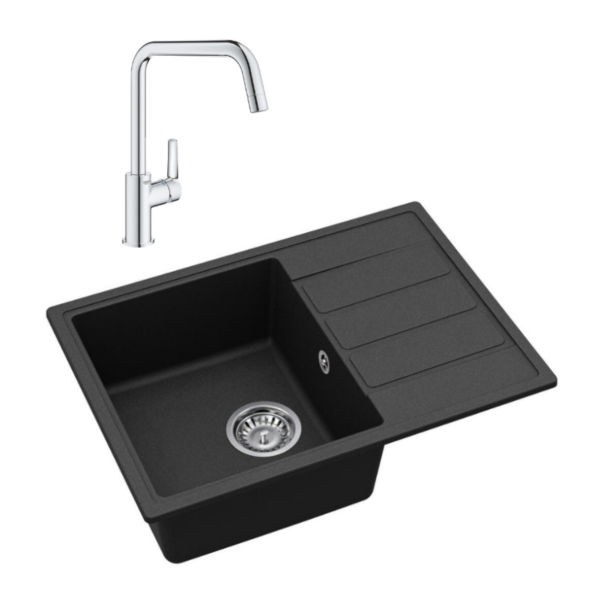 62x44 cm évier avec égouttoir réversible en Granite, à encastrer, noir + mitigeur lavabo/cuisine Grohe Start (SATSE2BG304)