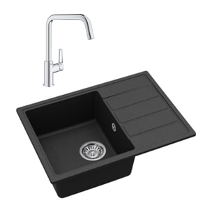 62x44 cm évier avec égouttoir réversible en Granite, à encastrer, noir + mitigeur lavabo/cuisine Grohe Start (SATSE2BG304)
