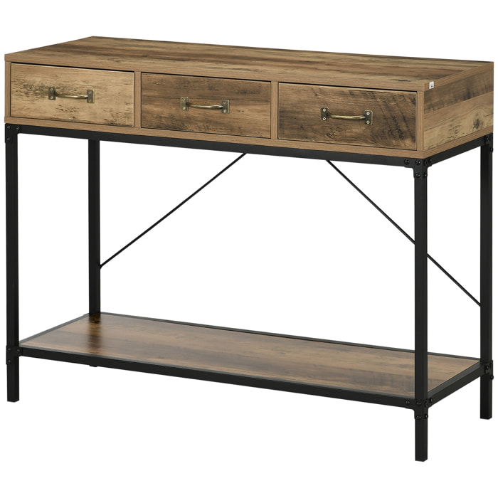 Console table d'appoint design industriel 3 tiroirs étagère acier noir panneaux particules aspect bois vieilli