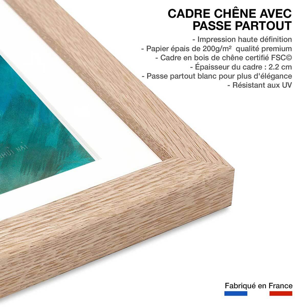 Affiche Plage bleue Affiche + cadre en bois - Chêne
