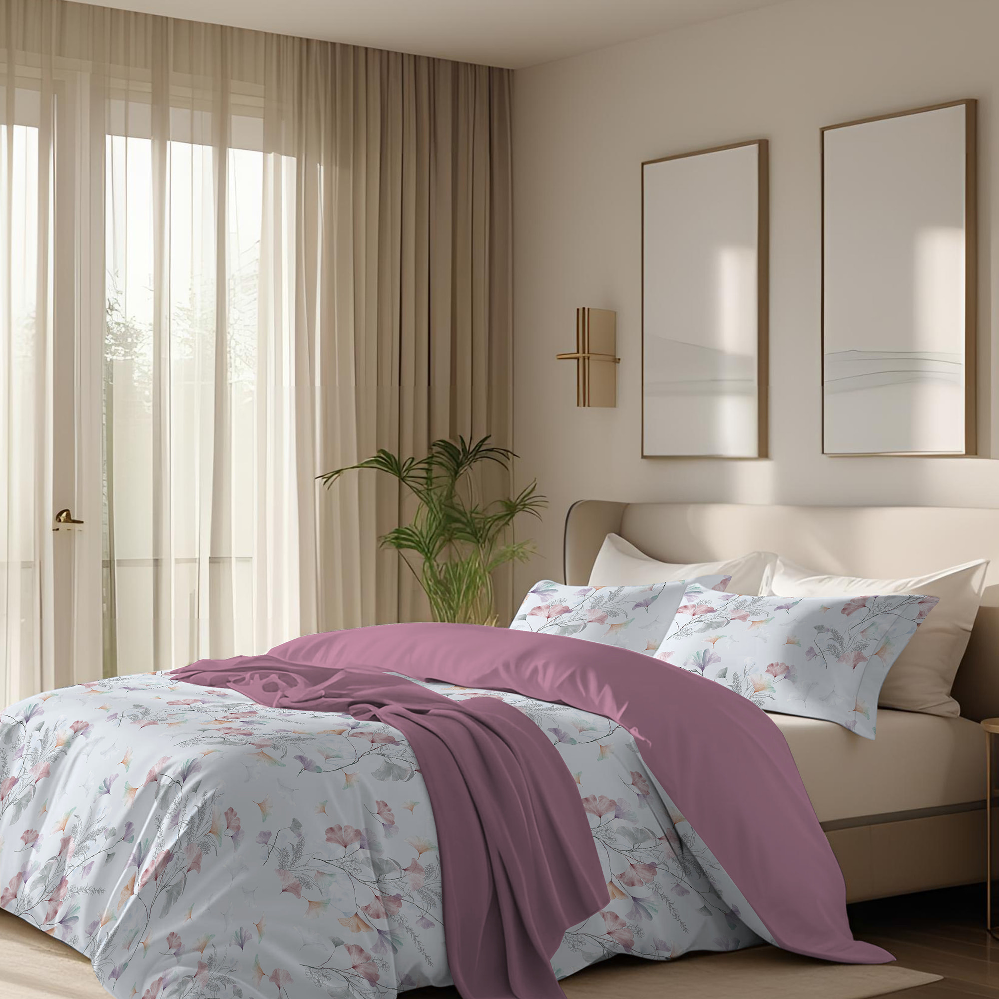 Parure copripiumino matrimoniale in raso stampato Ginko Colors