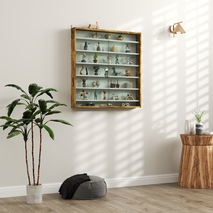 Vitrine murale 6 étagères réglables 2 portes coulissantes verre aspect bois vieilli blanc