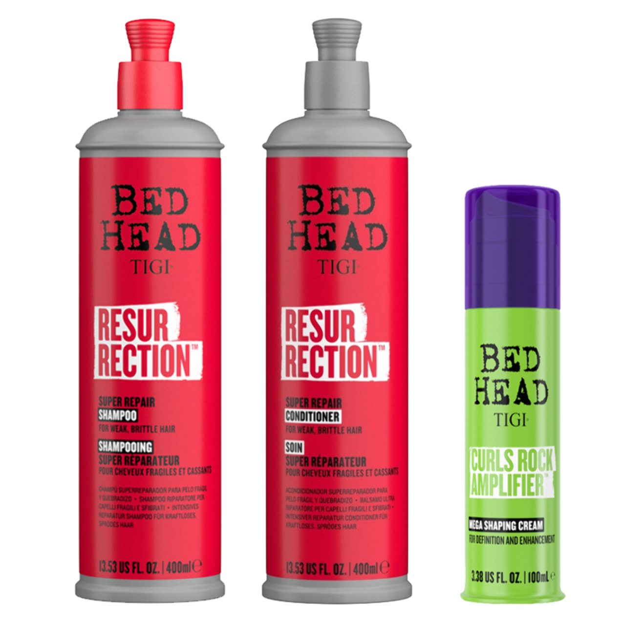 TIGI Kit Bed Head Resurrection Repair Shampoo 400ml + Conditioner 400ml + Curls Rock 113ml