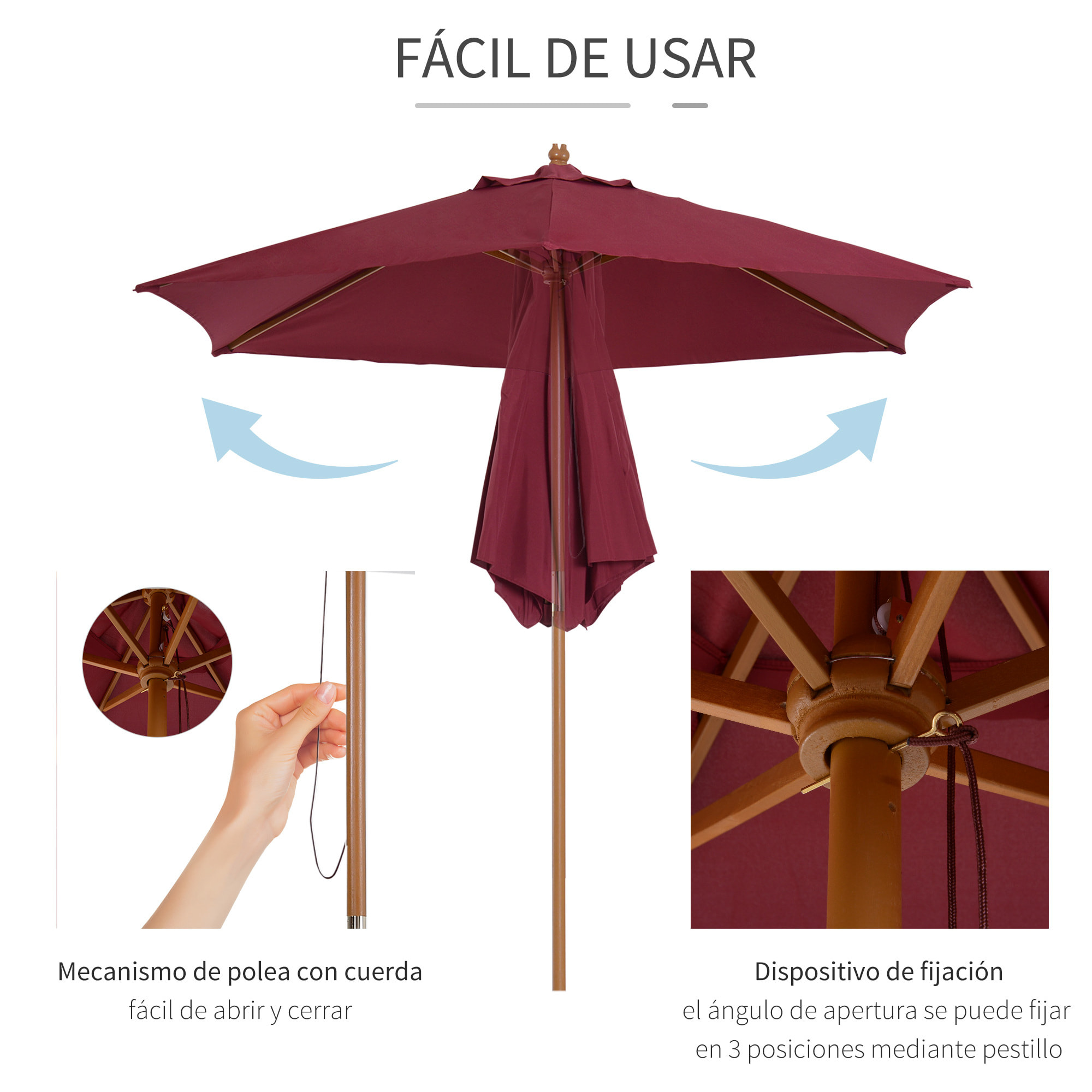 Sombrilla Parasol de Patio Terraza Jardin Ø2,5x2,25m Vino