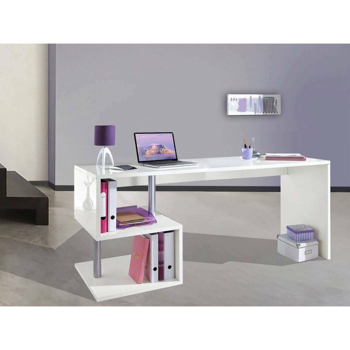 Scrivania moderna ad Esse per ufficio e studio con scaffale, Made in Italy, Tavolo da computer, Scrittoio porta PC, cm 180x60h78, colore Bianco lucido