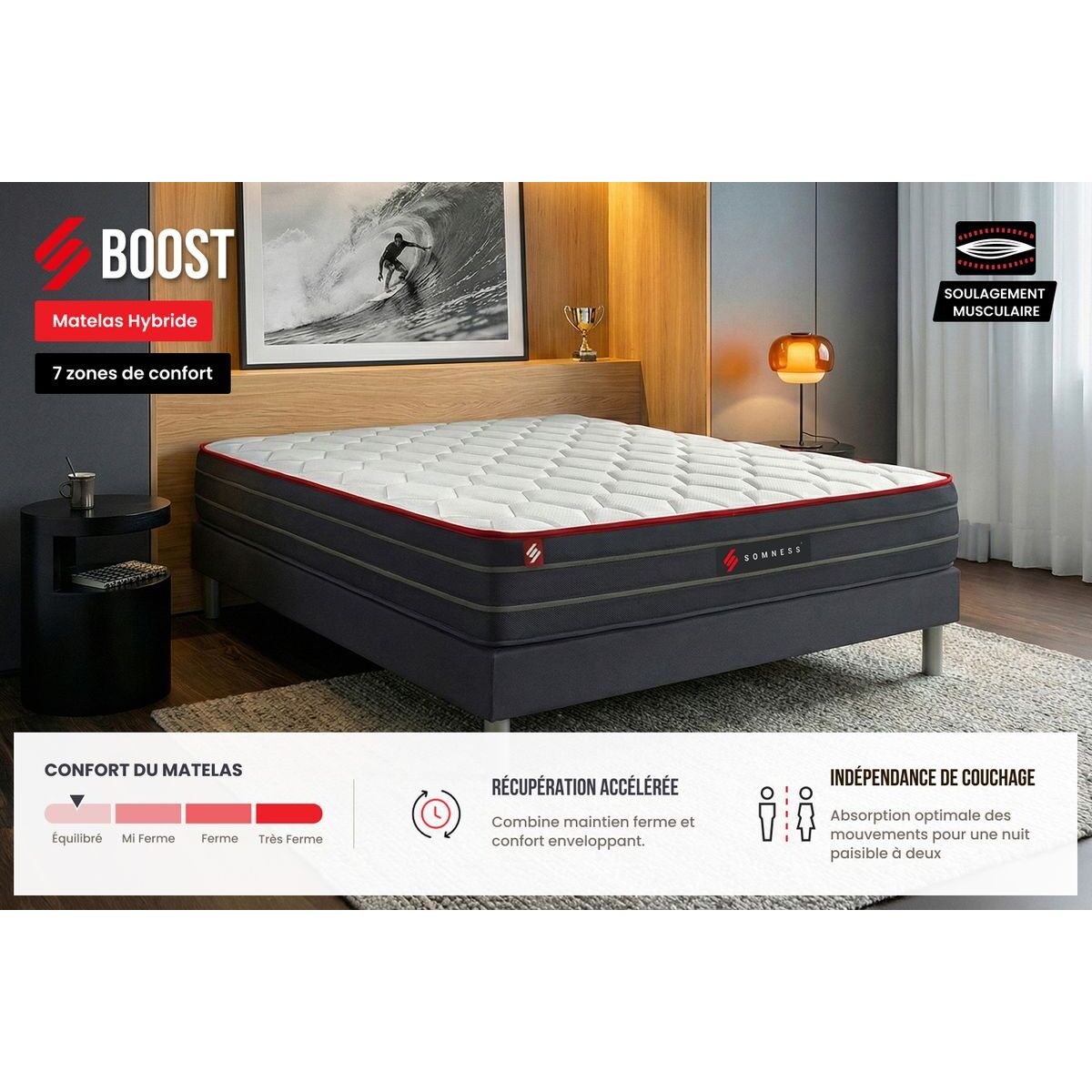 Matelas Hybride - Confort équilibré et accueil enveloppant - 26 d'épaisseur, 7 zones de confort - Soutien point par point - 2 places