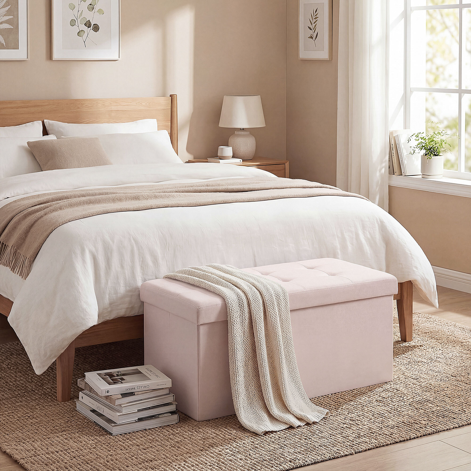 Puff Almacenaje, Banco Almacenaje Plegable, 84 L, 76x38x38 cm, Tapizado en Lino Sintético, Baúl de Almacenamiento, Carga 120 kg, Taburete para Sala de Estar, Dormitorio, Entrada, Rosa