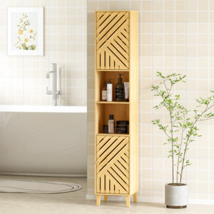 Armario de Baño Alto Columna de Baño Estrecha 32x30x170 cm con Puertas y Patas de Bambú Estantes Ajustables Compartimento Abierto Natural