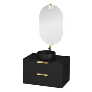 Meuble Salle de Bains 80cm Noir Mat et Or Doré 2 Tiroirs - Vasque Noire - Miroir & Applique Led