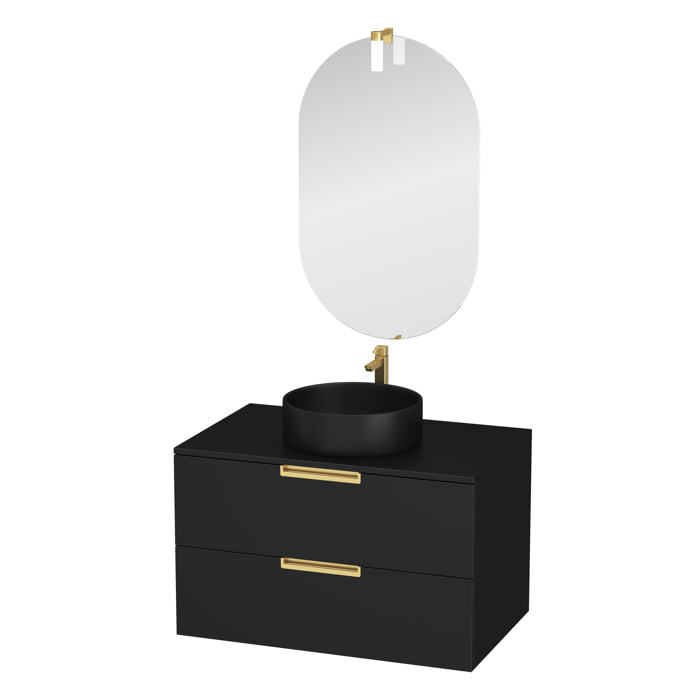 Meuble Salle de Bains 80cm Noir Mat et Or Doré 2 Tiroirs - Vasque Noire - Miroir & Applique Led