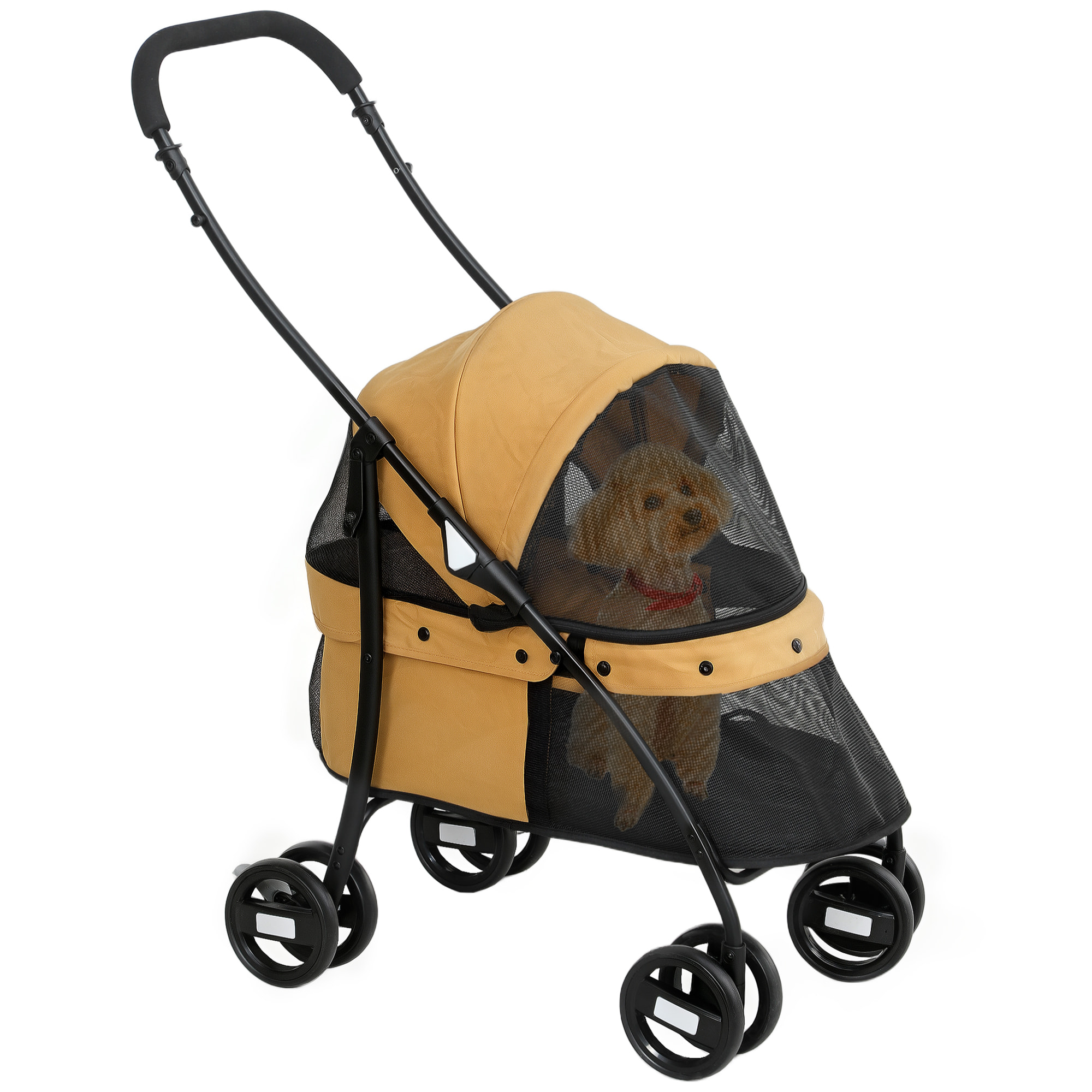PawHut Carrito para Perros Plegable Cochecito para Mascotas Cochecito para Perros Pequeños con Ventanas de Malla Cojín Lavable Correas de Seguridad y Marco de Acero Café