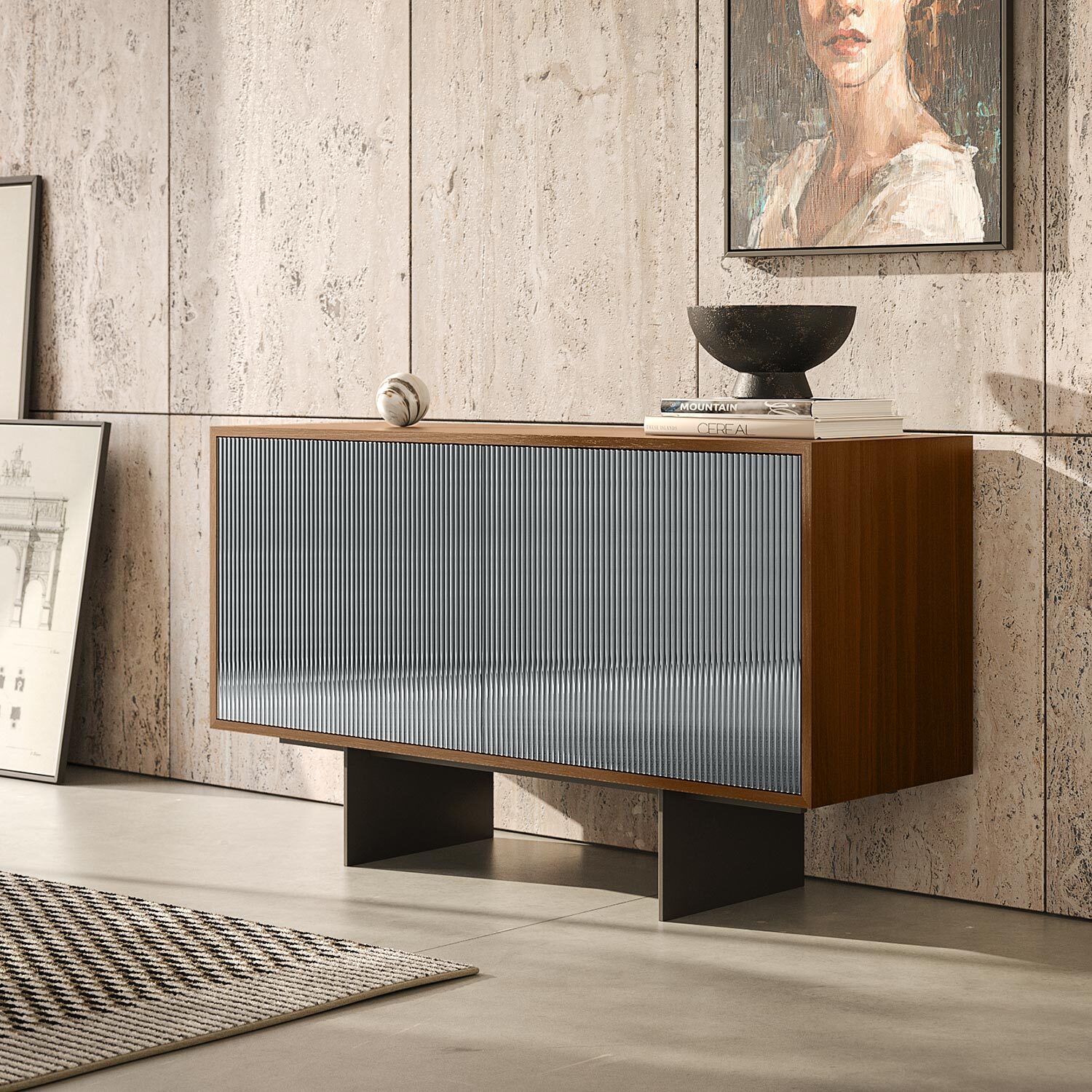 MADIA VESIRA CANNETE 2 ANTE - STRUTTURA NOCE CANALETTO, GRIGIO CARBONE, ANTA SPECCHIO FUME