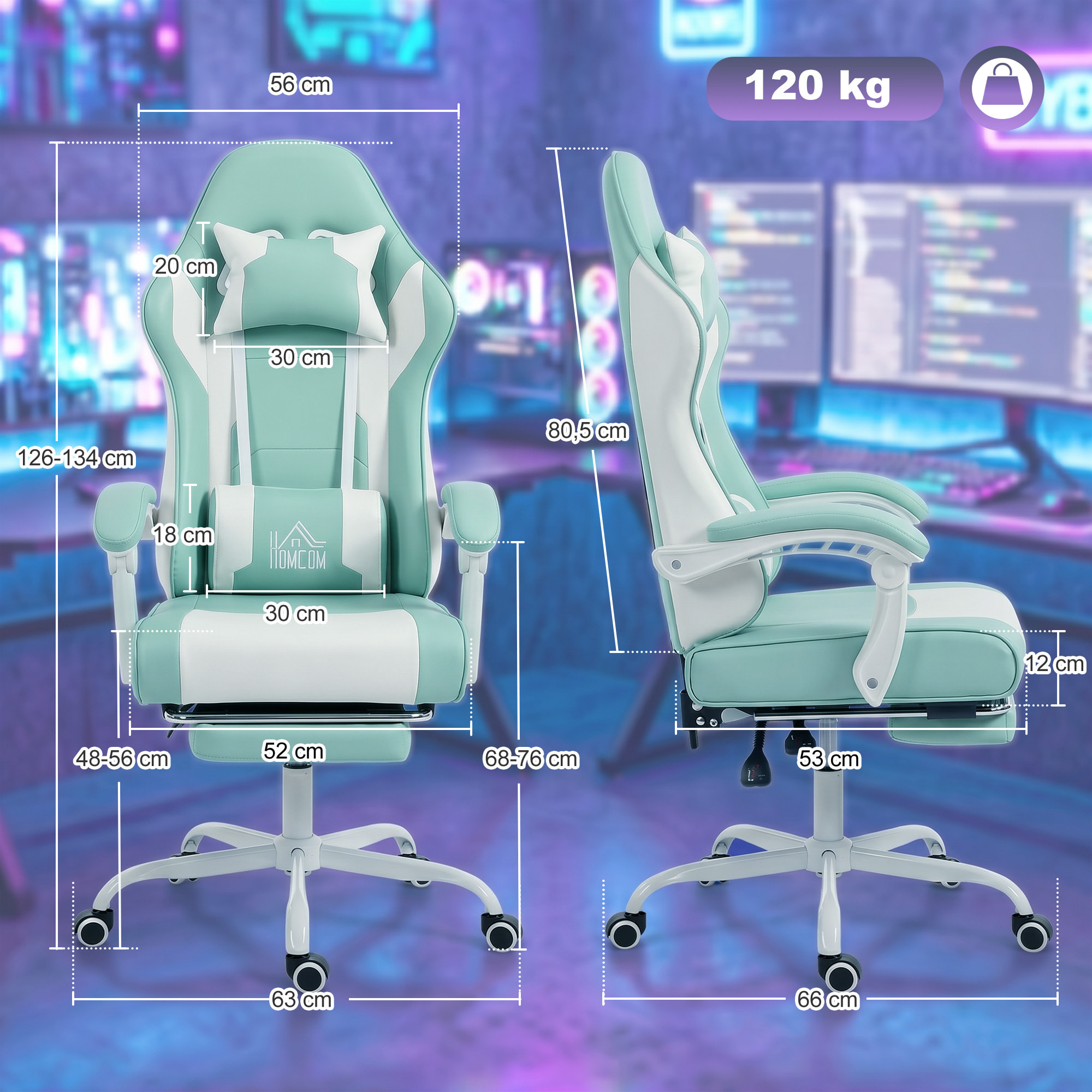 Silla Gaming Ergonómica, Silla Gamer con Lumbar Masaje Vibración, Reclinable 155°, Altura Ajustable, Reposacabezas y Reposapiés Retráctil, para Oficina, Estudio, Azul Claro