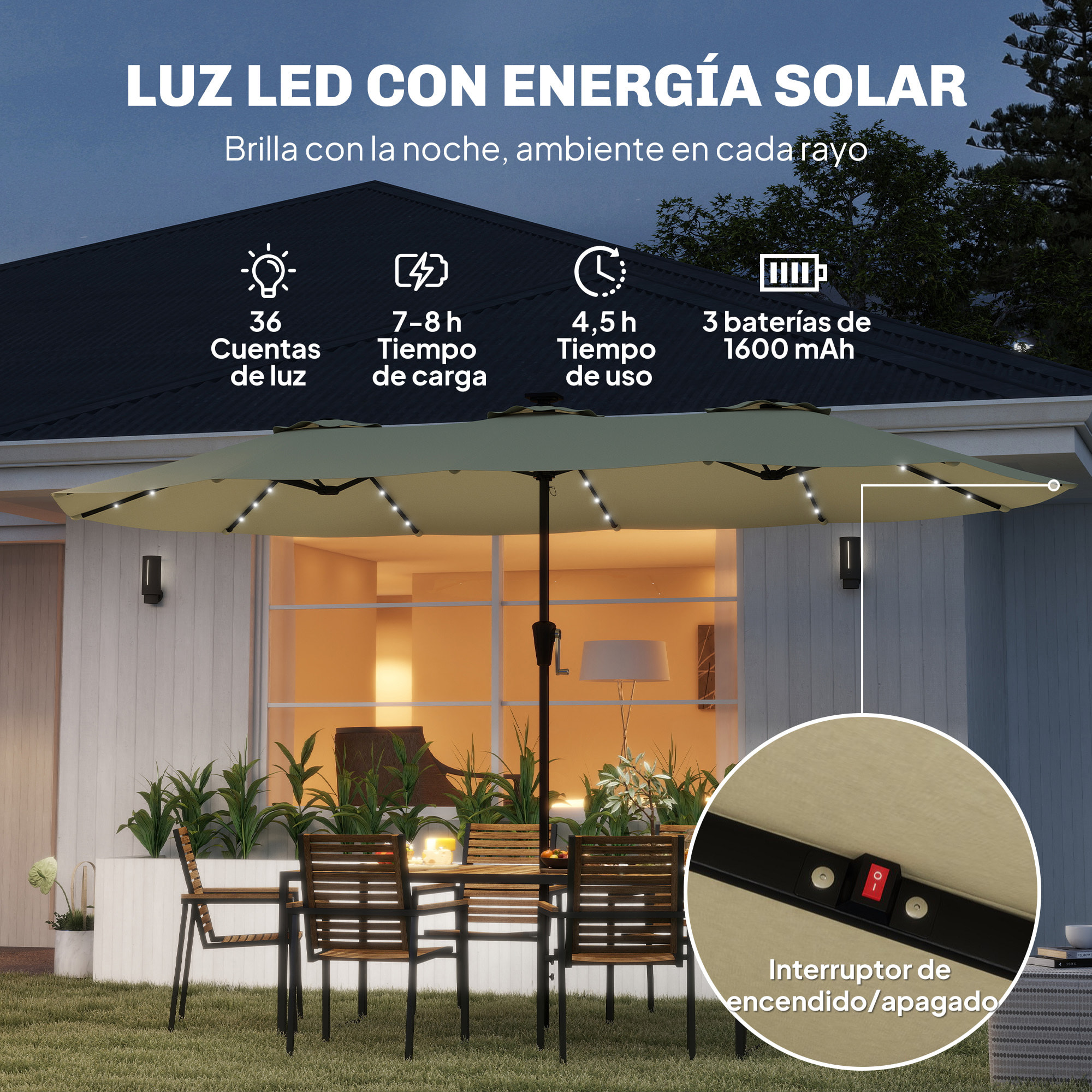 Sombrilla Doble con 36 Luces LED Solares, 4x2 m, Sombrilla Terraza Exterior con Manivela, UPF50+, 12 Varillas, Resistente al Agua, Parasol para Jardín, Terraza, Patio, Beige