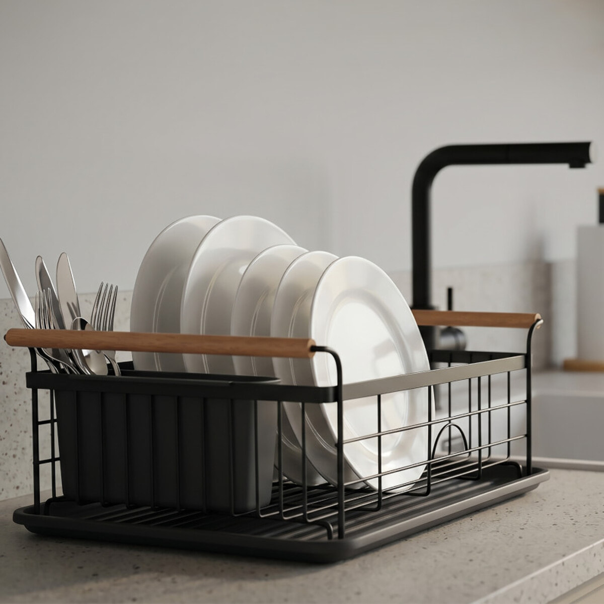 Egouttoir à  vaiselle Design industriel Bois & Acier ELIE Noir mat MSV