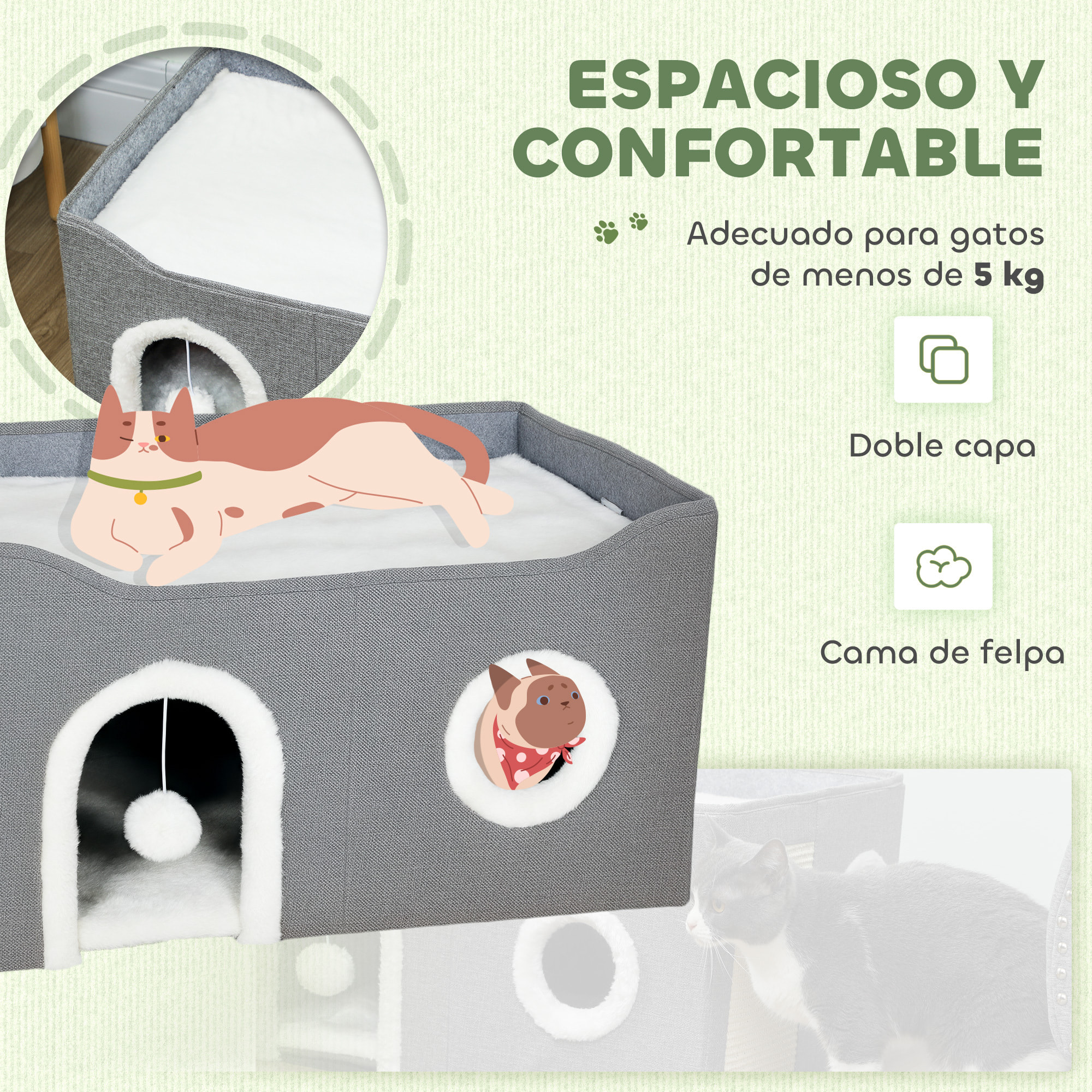 Casa para Gatos Plegable, Cama para Gatos con Rascador, 3 Entradas, Bola Colgante, Cojín Reversible en Felpa y Tipo Lino, para Interior, 60x40X34 cm, Gris