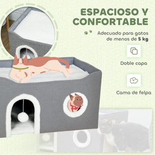 Casa para Gatos Plegable, Cama para Gatos con Rascador, 3 Entradas, Bola Colgante, Cojín Reversible en Felpa y Tipo Lino, para Interior, 60x40X34 cm, Gris