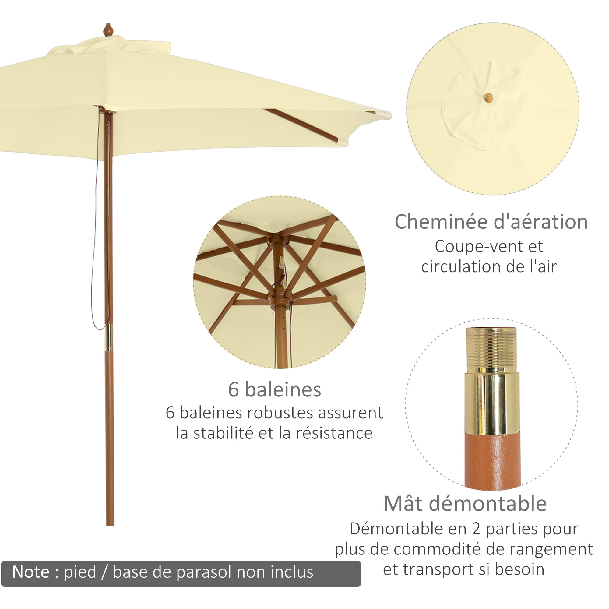 Outsunny Parasol droit hexagonal grande taille de jardin Ø 2,5 x 2,3H m bois de bambou crème