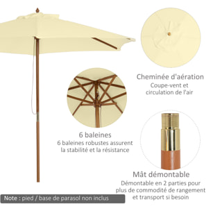 Outsunny Parasol droit hexagonal grande taille de jardin Ø 2,5 x 2,3H m bois de bambou crème