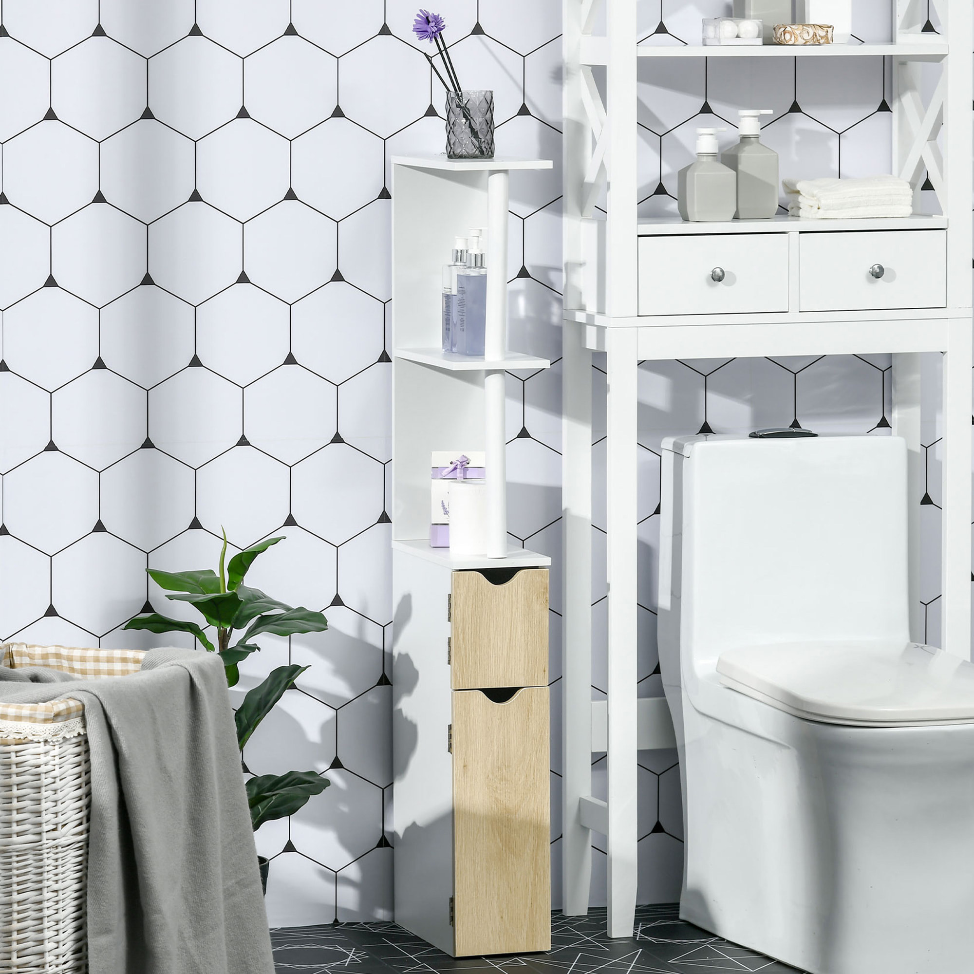 kleankin Armario Alto de Baño con 2 Puertas y 2 Estantes Abiertos Columna Auxiliar de Baño para Salón Aseo Dormitorio Estilo Moderno 15,2x29,8x118 cm Blanco y Natural