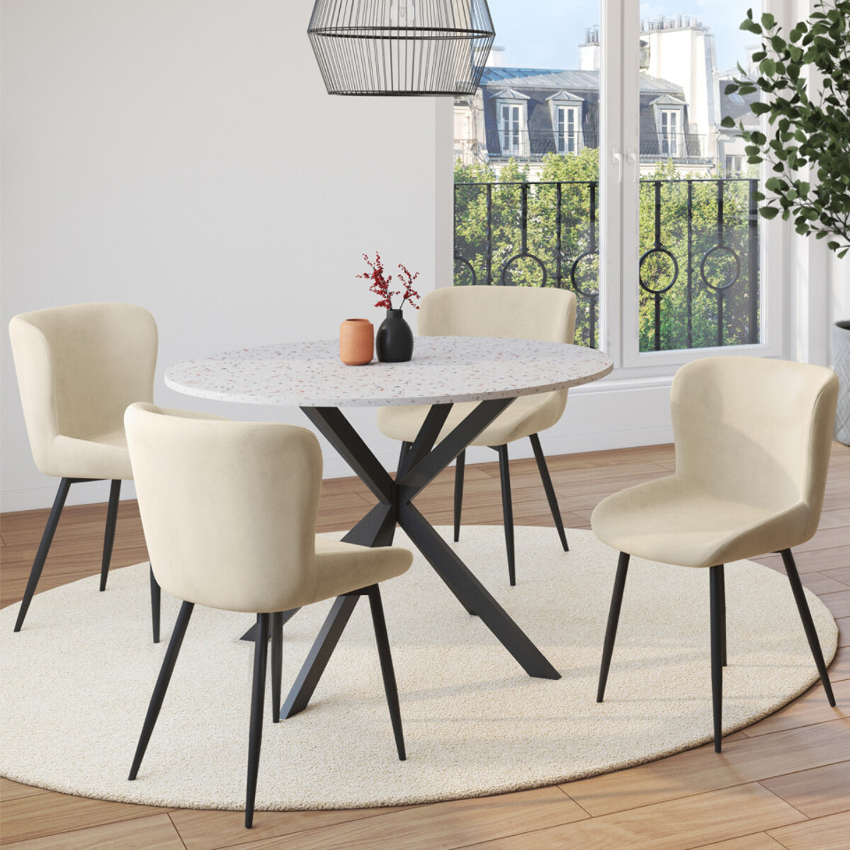 Chaises Taylor velours crème pieds métal noirs - lot de 4