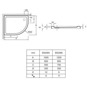 Receveur de douche antidérapant 100 x 80 cm Flight acrylique quart de rond asymétrique