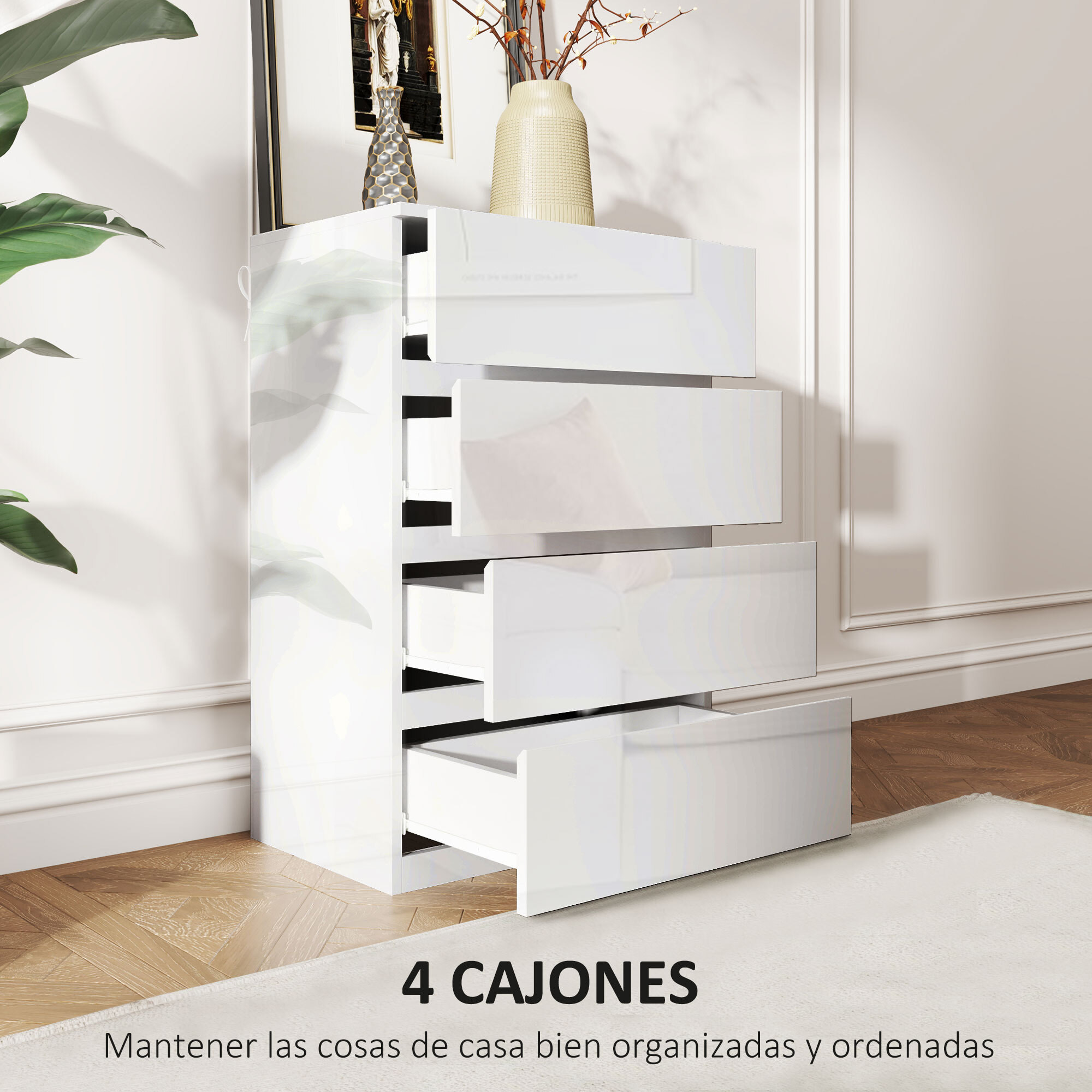 Cómoda con 4 Cajones Cómoda de Dormitorio Moderno con Diseño Anti-vuelco Cajonera para Salón Pasillo 55x33x80 cm Blanco Brillante