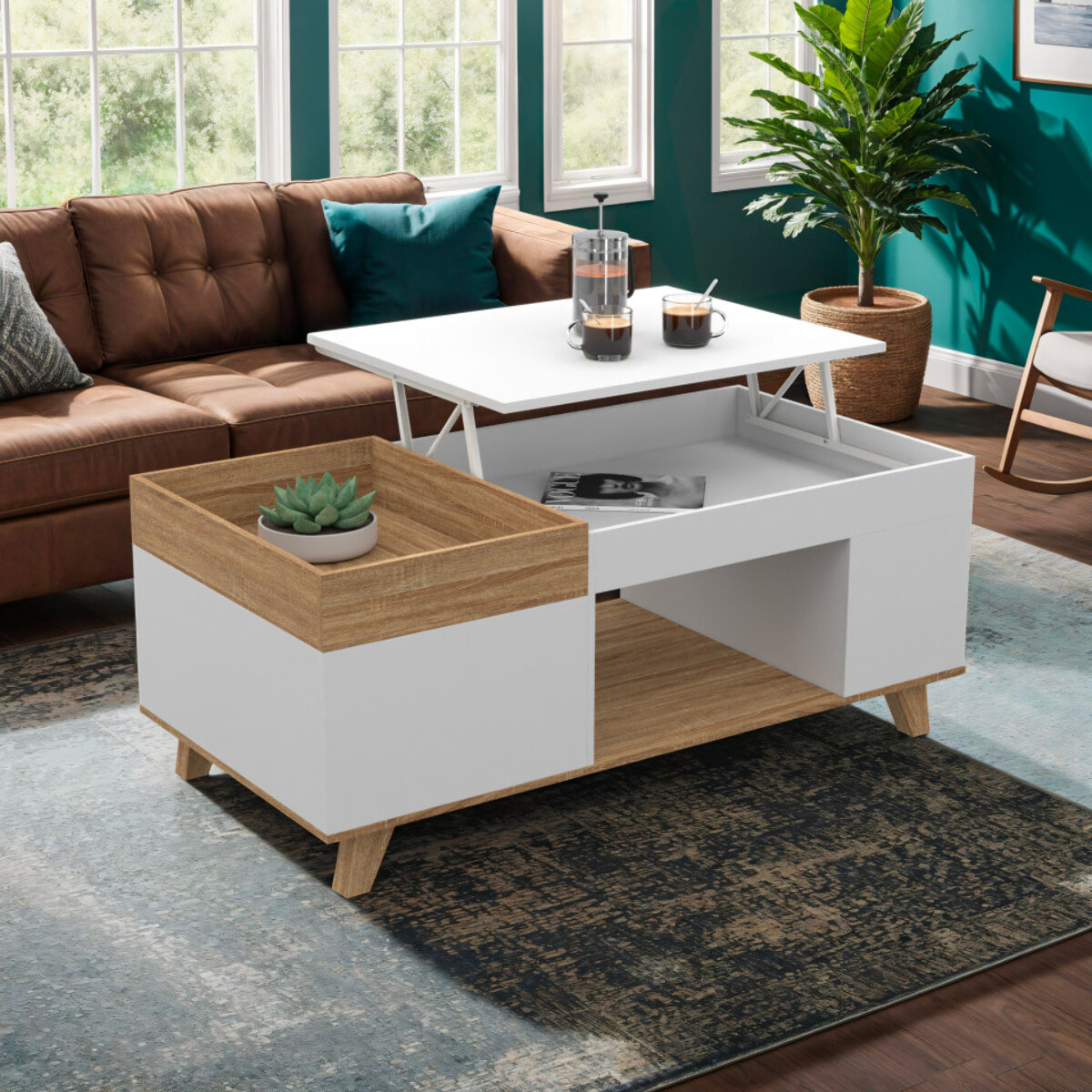 Table basse Stella relevable et double coffre bois et blanc