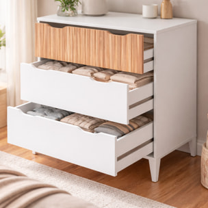 Cassettiera Stile Nordico Con 3 Cassetti Mobile Per Camera Da Letto Con Gambe Rialzate Mobile Design Scandinavo 70.5 x 76 x 40 Cm Bianco E Rovere