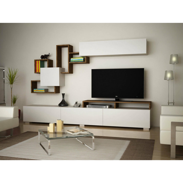 Parete attrezzata Dpiovan, Composizione soggiorno, Mobile salotto multiuso, Armadio porta TV, 210x37h47 cm, Bianco e Noce