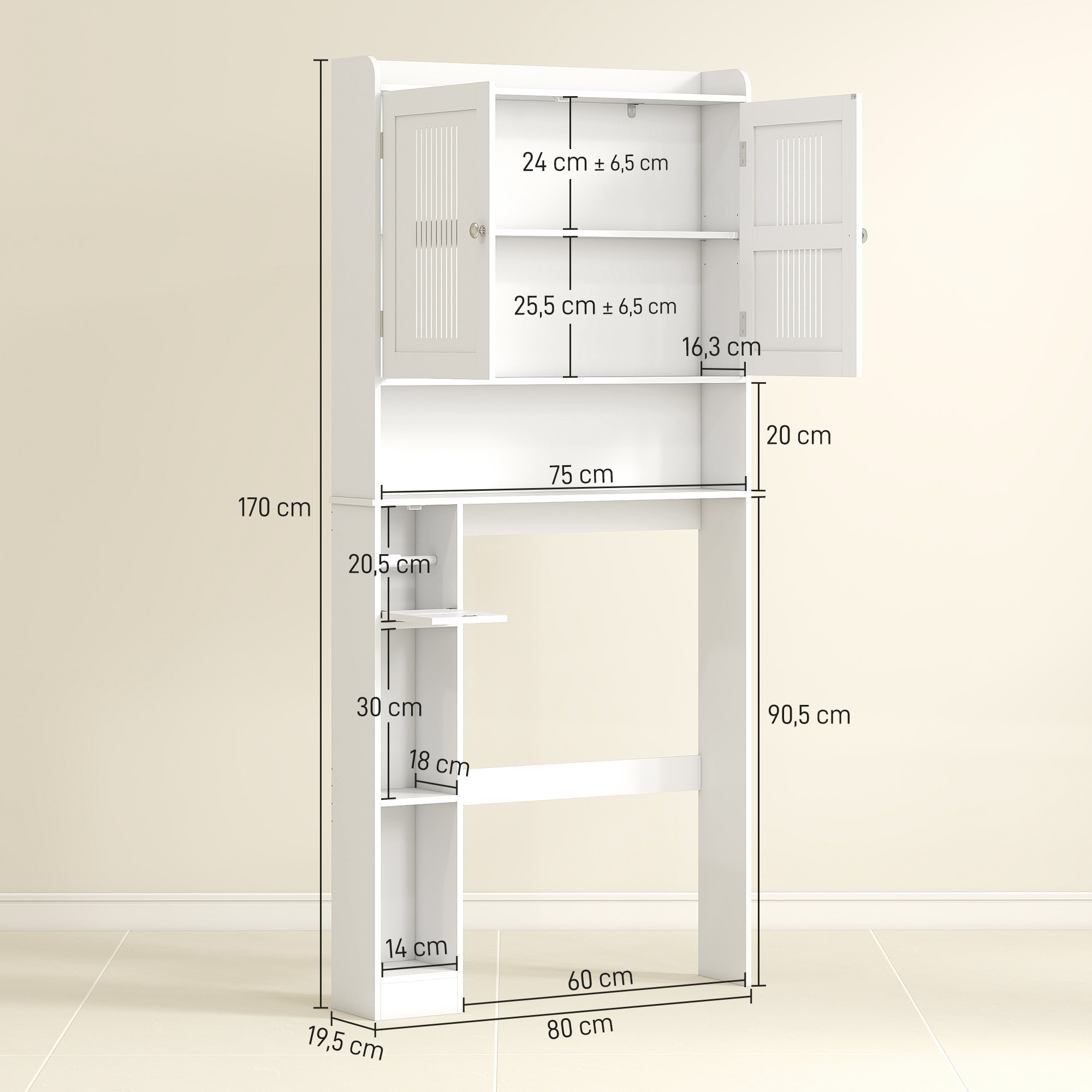 Estantería sobre Inodoro Mueble sobre Inodoro con Estante Ajustable 2 Puertas Soporte para Papel Higiénico y Estantes Abiertos Ahorra Espacio Armario para lavadora para Baño Blanco