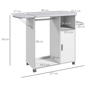 HOMCOM Mueble de Planchar de Madera Mueble de Planchado Tabla de Planchar Plegable con Ruedas Barra para Colgar Ropa Estante Abierto para Sala Dormitorio 107x42,5x99 cm Blanco