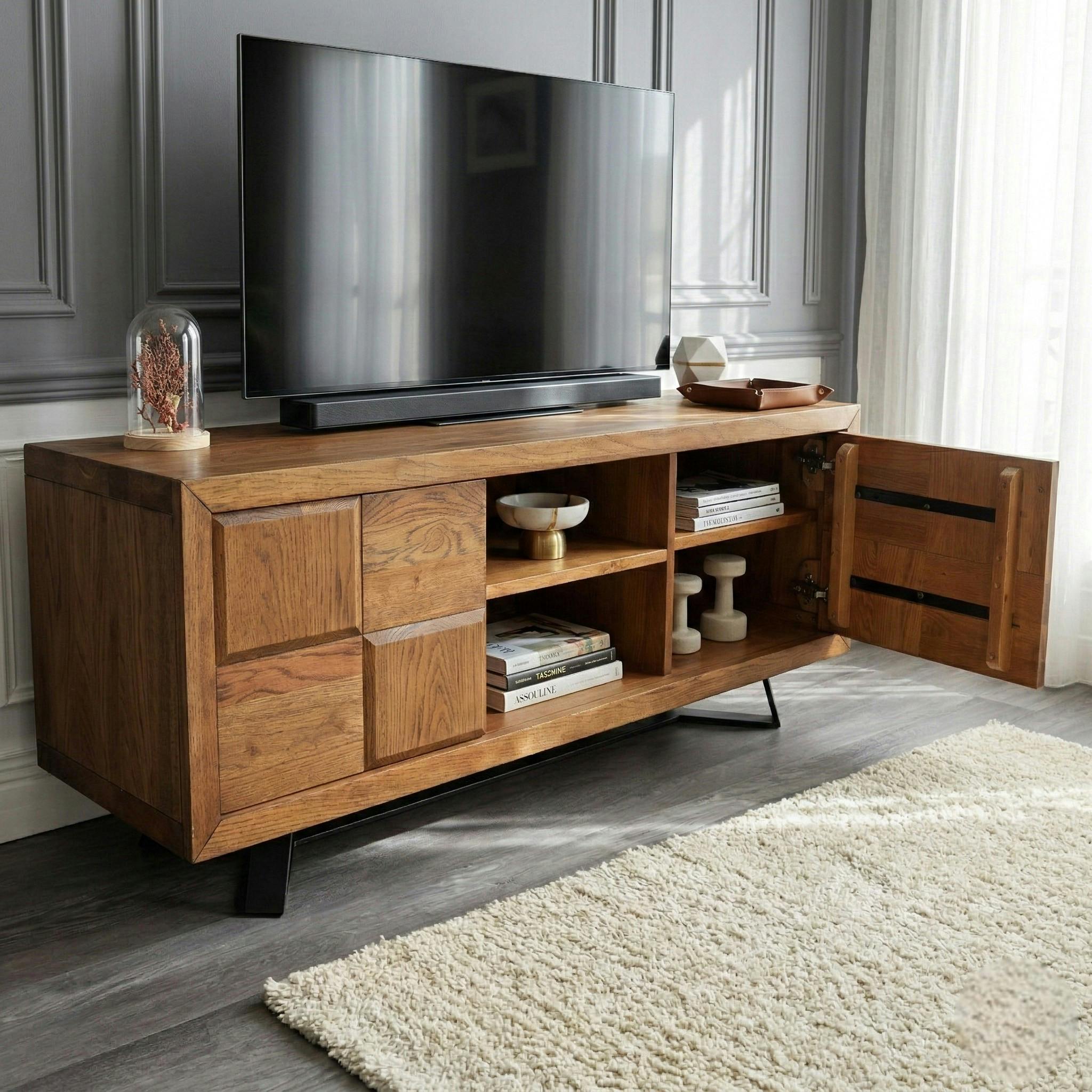Meuble TV en bois motif damier 150 cm OKA