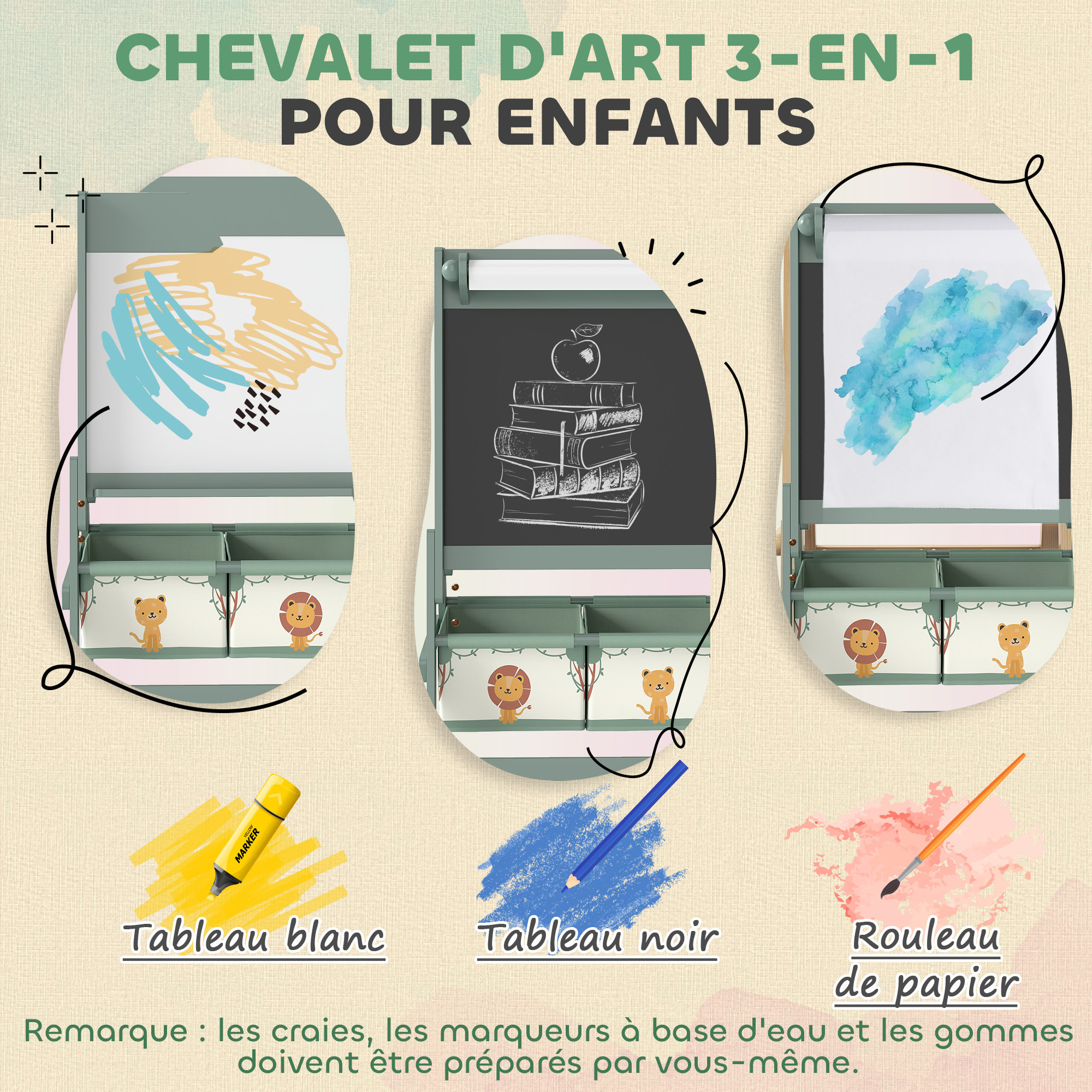Tableau chevalet enfant - tableau blanc, tableau à craie, rouleau papier 3 en 1 - paniers rangement intégrés - MDF pin vert