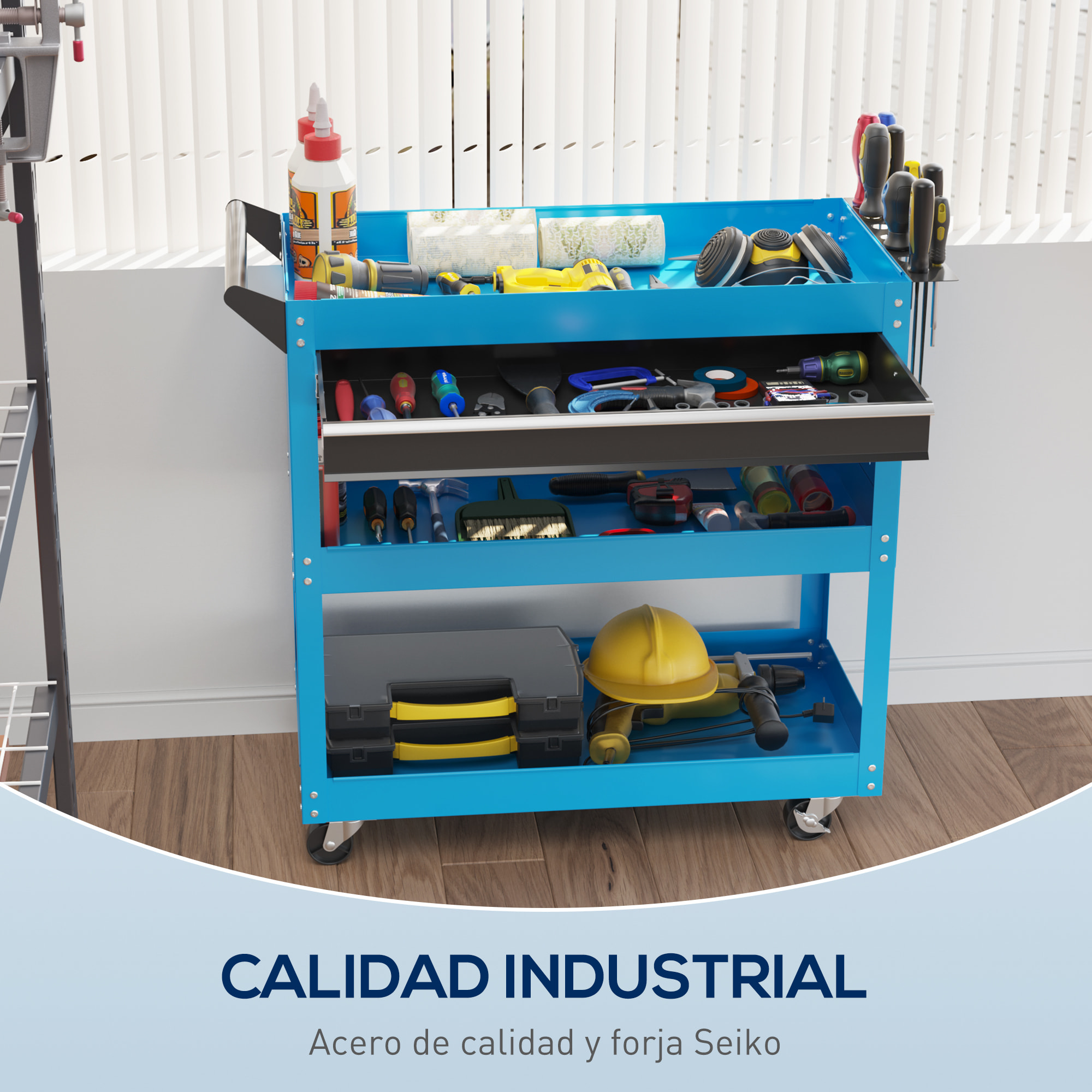 Carro de Taller, Carro de Herramientas con 3 Bandejas, Cajón, Panel Lateral Perforado, Asa Lateral, Ruedas con Frenos, para Garaje Mecánico, Hogar, Azul