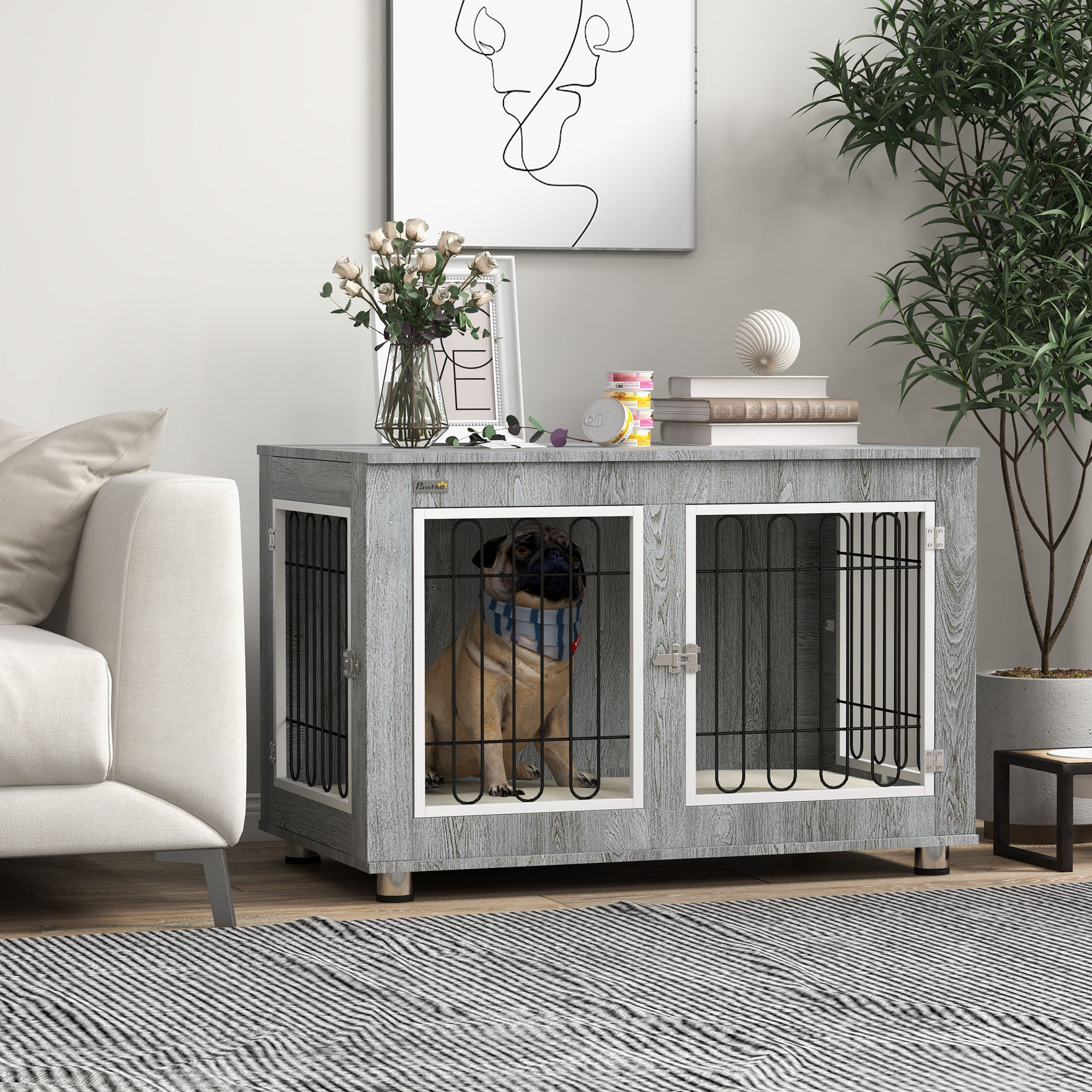 Cage pour chien sur pied - 2 portes verrouillables, coussin déhoussable inclus - acier filaire noir panneaux aspect bois gris