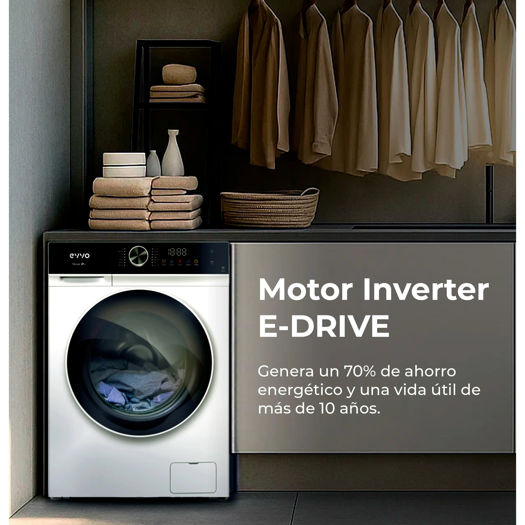 EVVO Lavadora 10 kg carga frontal Nova P10, 1200 rpm, Clase energética A, , Lavado Rápido 15', SMART LOAD, Tambor ePROTECT, Inicio diferido, Blanco