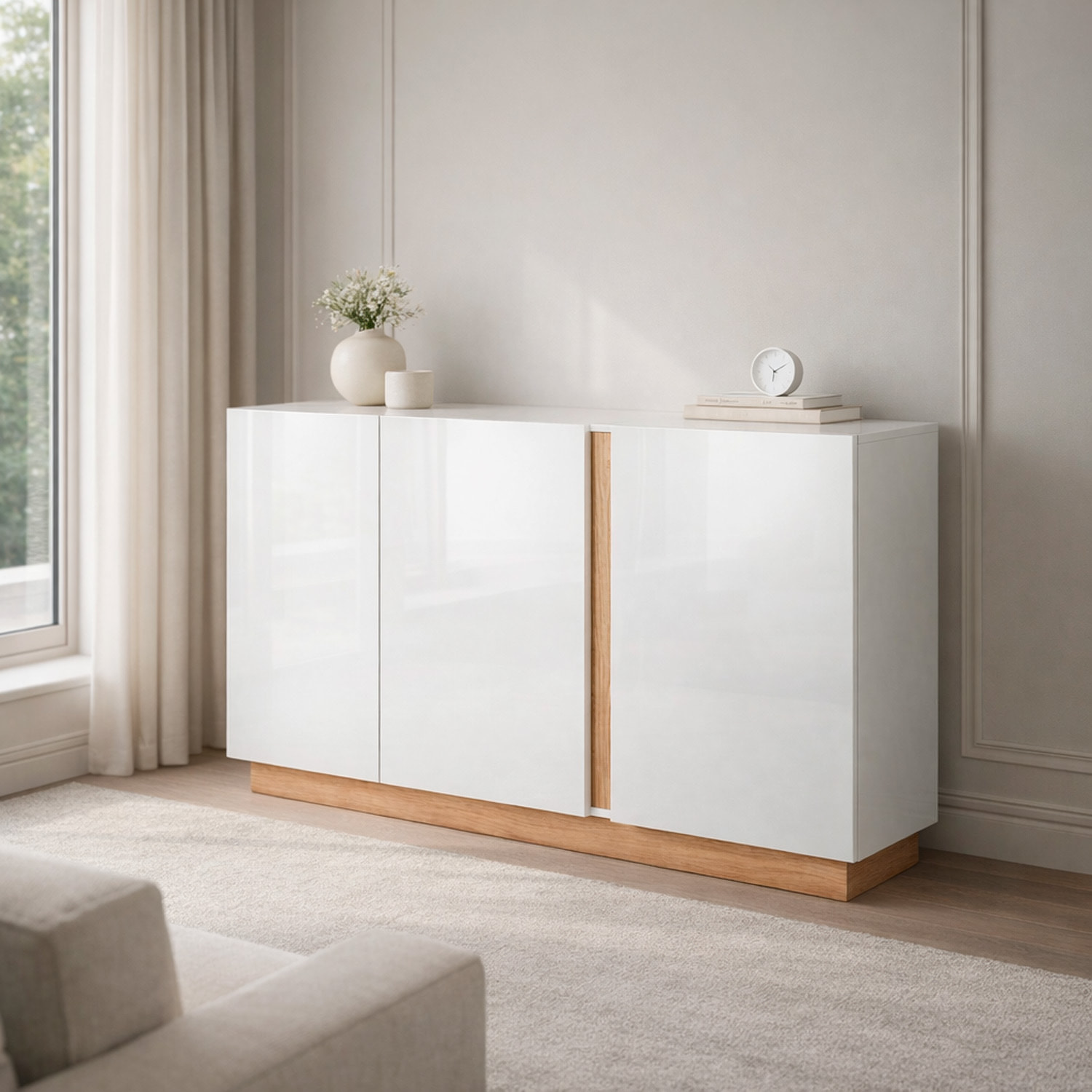 Credenza Soggiorno 3 Ante Madia Moderna Con Ripiani Interni Mobile Contenitore Design Elegante Oldenburg 138 x 40 x 90.5 Cm Bianco Lucido e Rovere