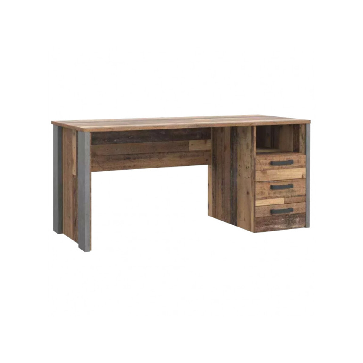 Bureau industriel 160 cm bois vieilli et béton gris avec rangements - FRED
