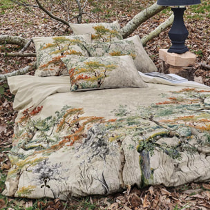 Housse de couette percale de coton lavé imprimé multicolore beige Bois de mystere parchemin