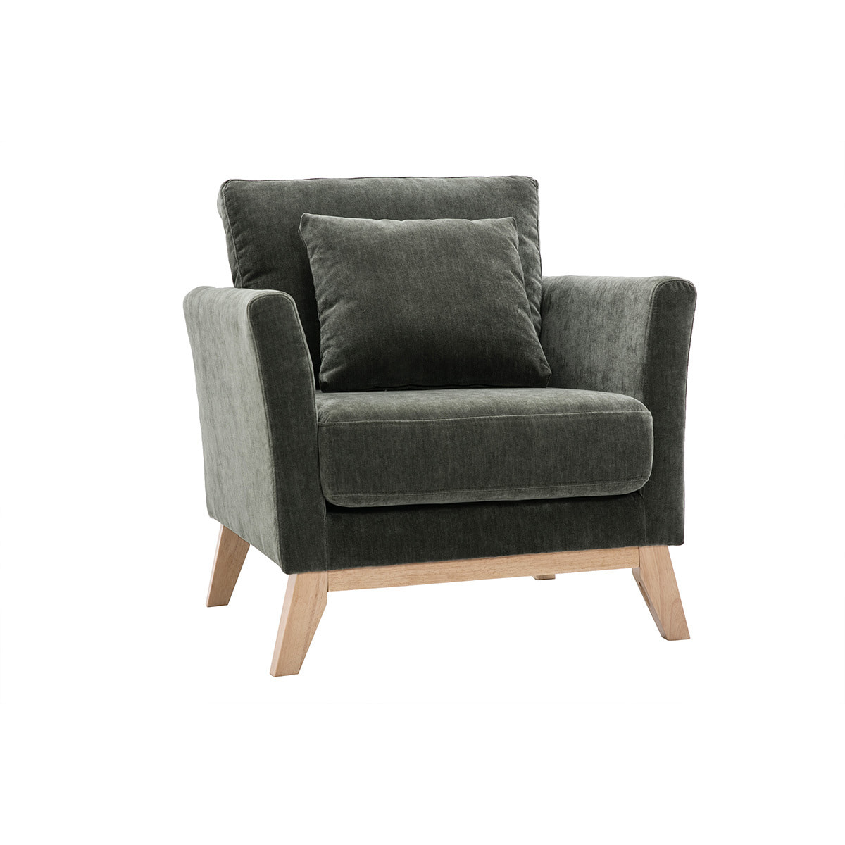 Fauteuil scandinave déhoussable en tissu effet velours vert kaki et bois clair OSLO