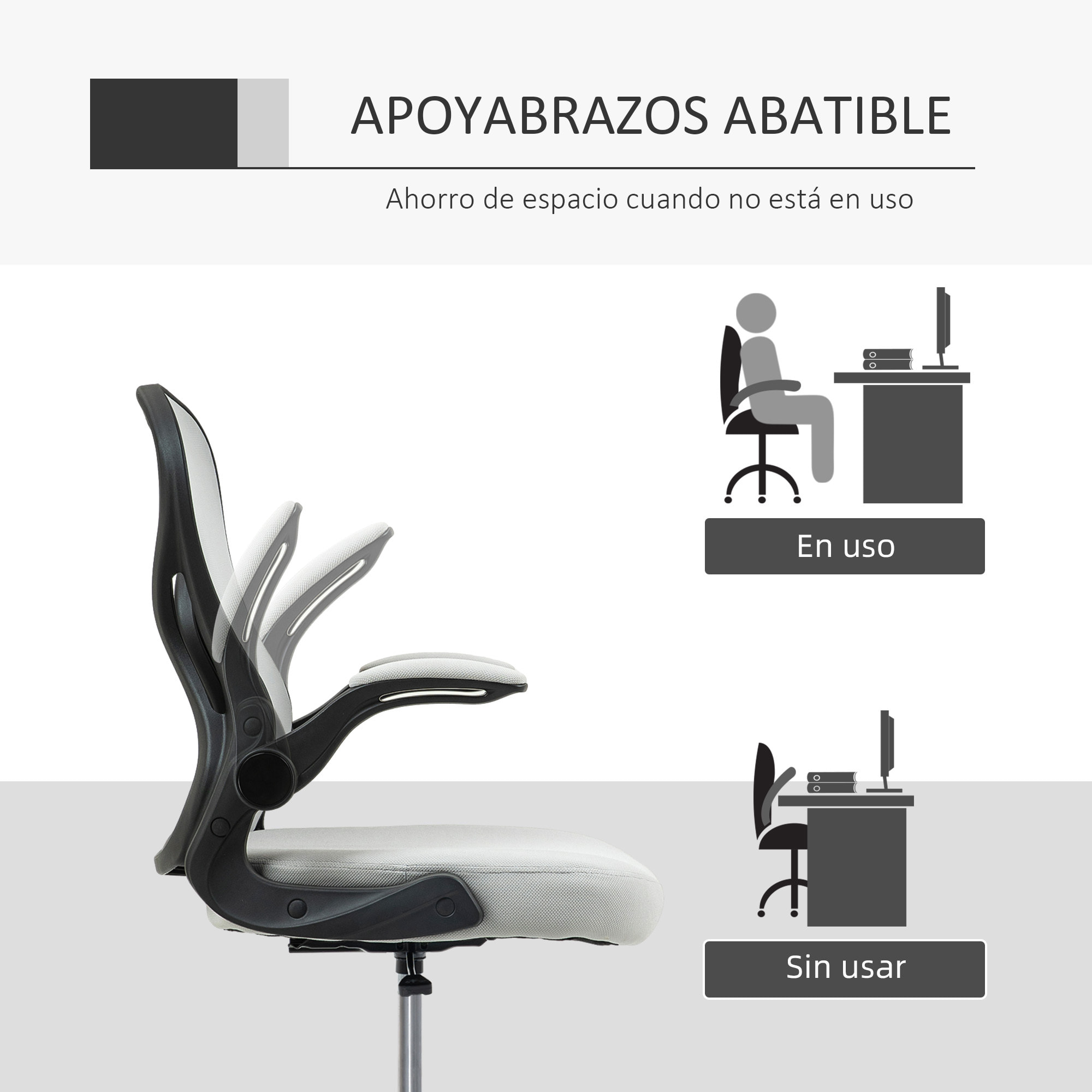 Silla de Dibujo Giratoria Silla de Escritorio Silla Alta con Respaldo Medio Soporte Lumbar Reposabrazos Abatibles Altura Ajustable Carga 120 kg 59x65x102-122 cm Gris Claro