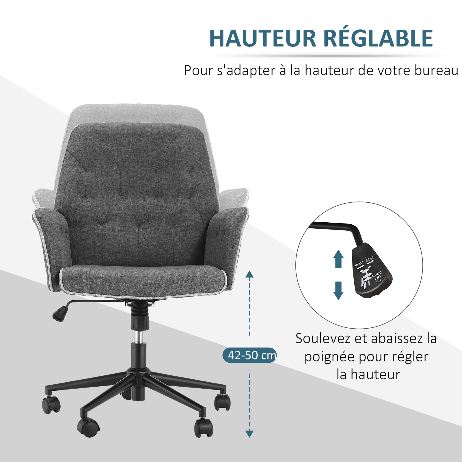 Fauteuil de bureau chaise de bureau hauteur réglable roulettes pivotant 360° tissu chanvre 69L x 66l x 89,5-97H cm gris chiné