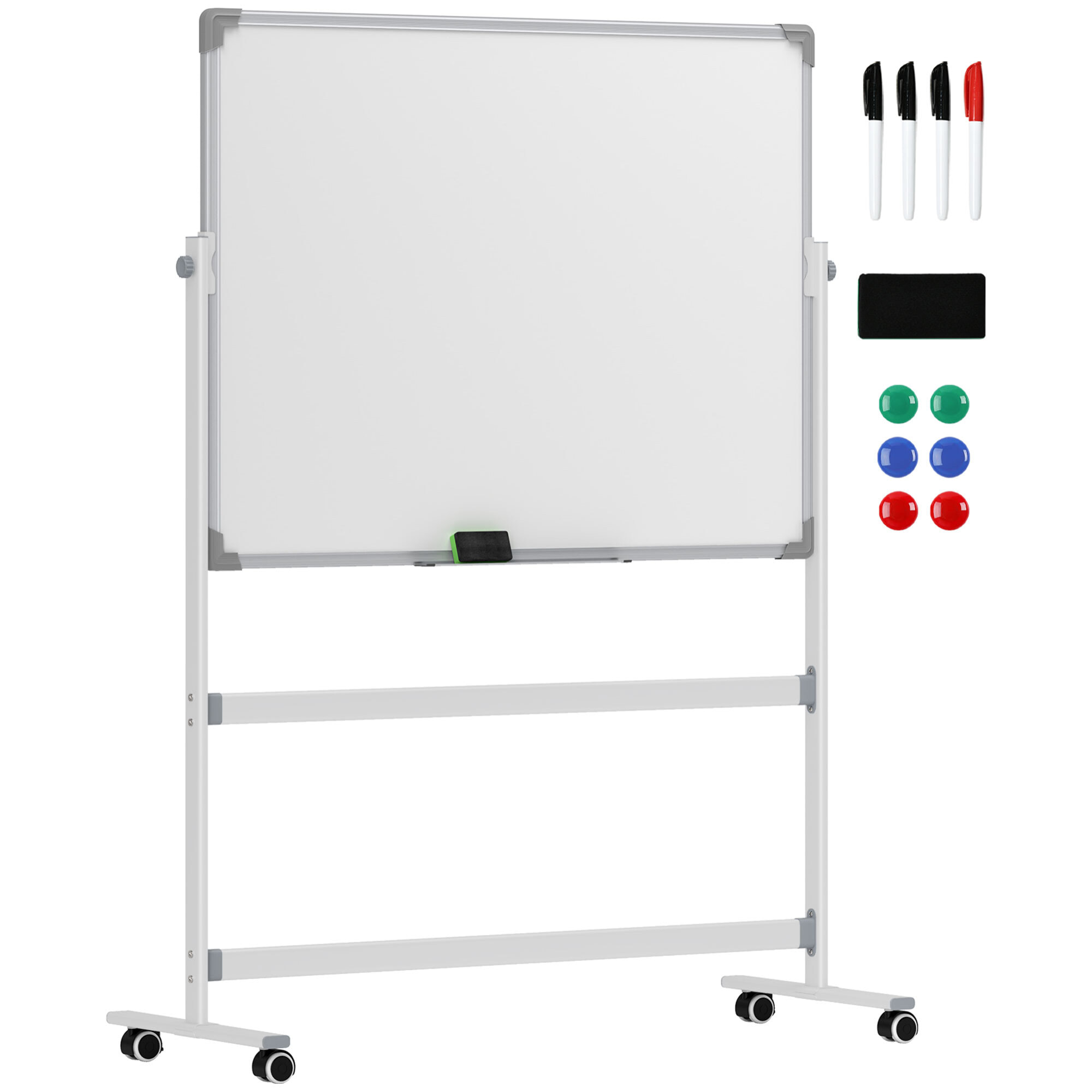 Pizarra Blanca Móvil de Doble Cara, 120x90 cm, Pizarra Blanca Magnética Giro de 360 °, con Soporte, Tablero Inclinado en 3 Niveles, Marco de Aluminio, Ruedas, Rotuladores, Imanes, Borrador