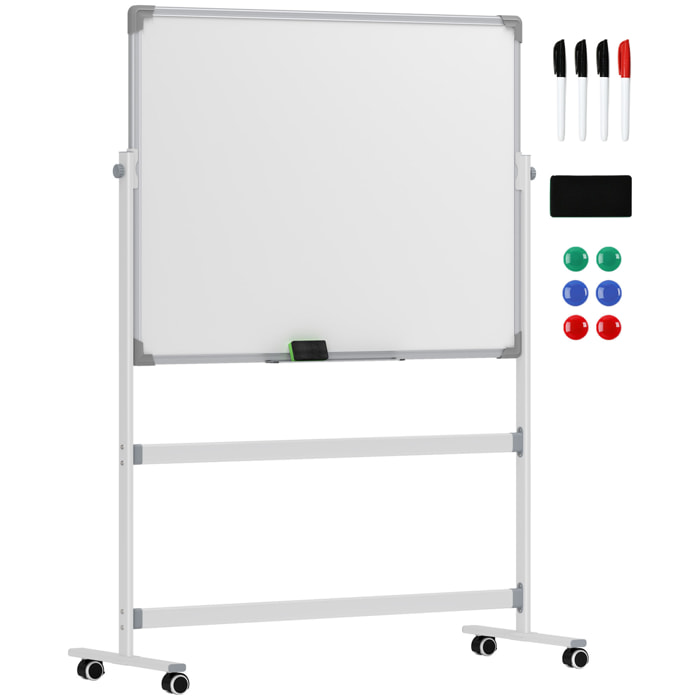 Pizarra Blanca Móvil de Doble Cara, 120x90 cm, Pizarra Blanca Magnética Giro de 360 °, con Soporte, Tablero Inclinado en 3 Niveles, Marco de Aluminio, Ruedas, Rotuladores, Imanes, Borrador