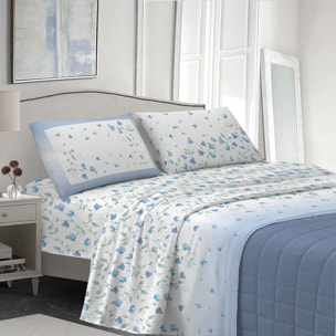 Completo letto pea flower azzurro 100% cotone
